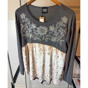 Ivory Iced Velvet Top Womens M Gray Floral Embroidered Crushed Velvet NWT